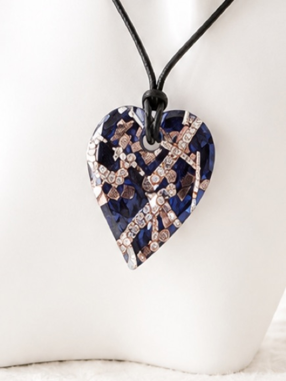 Blue Gold Murano Glass Heart Pendant Cord Necklace Handmade Gift Casual Boho